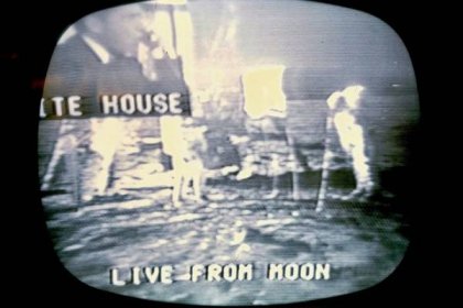 Undated handout photo issued by the Arts and Humanities Research Council of a screen shot taken by Susan Towns of TV coverage of the moon landings
