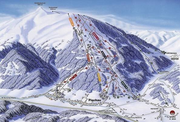 Flachau - lyžařská mapa, skimapa sjezdovek a lanovek, zimní panorama ski areálu