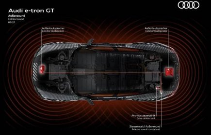 Umělý zvuk elektrifikovaných aut generuje reproduktor v přídi naspod vozu, větší vozidla mají obvykle i druhý, který je uložený vzadu kvůli couvání. (foto Audi)
