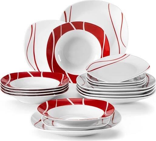 MALACASA, série Felisa, 18 ks. Porcelánový jídelní servis s 6 talíři, 6 dezertními talíři a 6 polévkovými talíři pro 6 osob