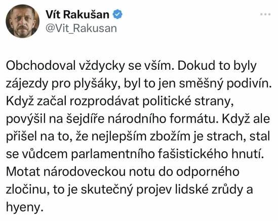 Ministr vnitra Vít Rakušan po sérii brutálních znásilnění od Ukrajinců v ČR zaútočil na předsedu opoziční SPD Tomia Okamuru. Nelíbí se mu spojování znásilnění s Ukrajinci. Řešení ale nenabízí. 