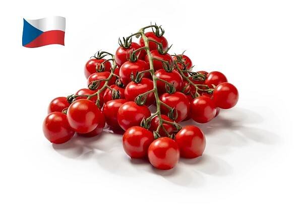 Červená rajčata cherry na větvi, česká vlajka.