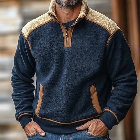 Pánská mikina Vintage Fleece Color Block Stand Collar Quarter Zip