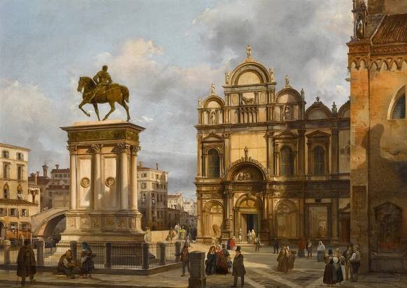 Federico Moja (Italian, 1802-1885) 'Venice, a View of the Campo Santi Giovanni e Paolo, with the Equestrian Monument to Bartolomeo Colleoni and the Scuola Grande di San Marco in the Background' 1848