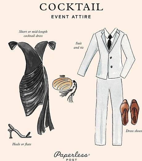 An illustration of cocktail attire for women and for men featuring items from the list like a short cocktail dress and a suit and tie.
