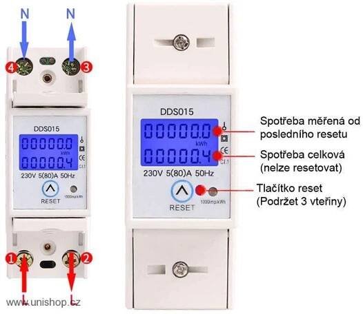 Elektroměr DDS015, 1 fázový na DIN lištu