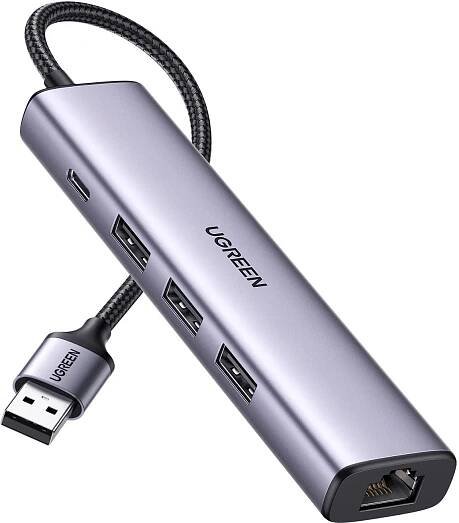 Adaptér UGREEN 5v1 USB-A na 3x USB 3.0 + RJ45 + USB-C CM475(šedá)