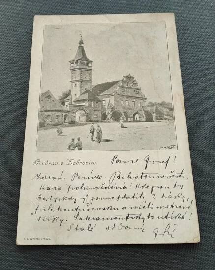 Dobrovice 1900, Mladá Boleslav, Mnichovo Hradiště, učitel Šantroch - Pohlednice místopis