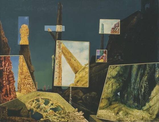  In Surrealism, day and night stand for reality and dream, the real and the imaginary. Max Ernst’s painting suggests the resolution of these opposites in a higher reality or “surreality.” Through the magically luminous canvases, the brightness of day penetrates the nocturnal fantasy landscape. 
