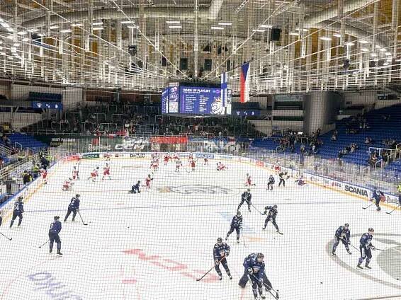 An ice hockey match in progress at the Winning Group Arena in Brno, Czech Republic