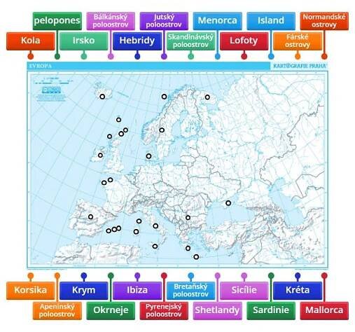 Slepá mapa, ostrovy a poloostrovy - Evropa