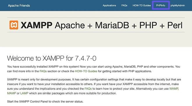 The PHPInfo link in the XAMPP dashboard.