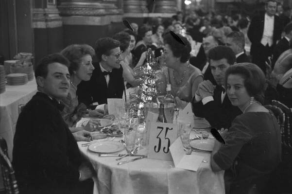 Pierre Bergé, Lilia Ralli, Yves Saint Laurent, Suzanne Lulling, and Édouard Dermit after Maria Callas's first recital in Paris, Opéra Garnier, December 19, 1958. Photograph by François Pagès., © François PAGES/PARISMATCH/SCOOP