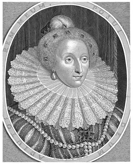 Portrét Elizabeth I. Tudor, anglická královna, Hendrick Hondius (I), 1632 Prsa vpravo od Elizabeth I. Tudor, anglická královna ve věku 48 let v oválném rámečku s nápisem na okraji v latině. — Stock obrázek