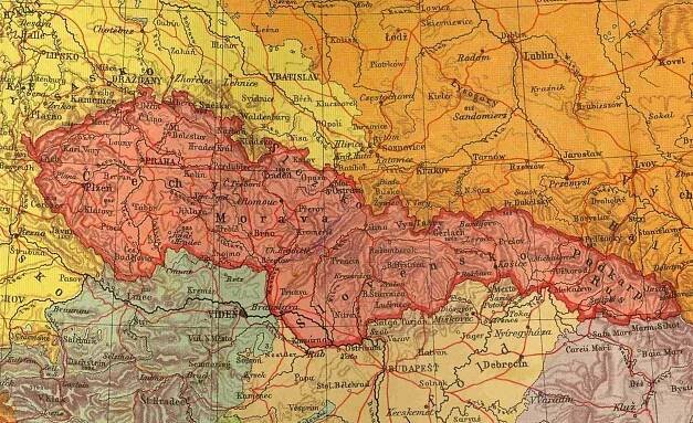 Mapa předválečného Československa. Čechy, Morava, Slezsko, Slovensko a Podkarpatská Rus.