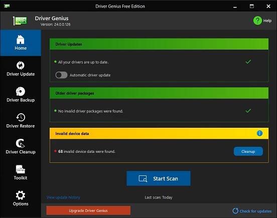 The Driver Genius Free Edition app's main page