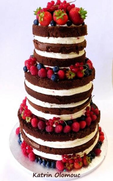 a triple layer chocolate cake with berries on top