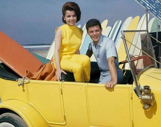 Annette Funicello and Frankie Avalon in a hot rod