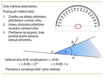 Hranu úhloměru přiložíme na jedno rameno úhlu. Přečteme na stupnici, kde protíná druhé rameno oblouk úhloměru. B. V. α. A. Velikost úhlu AVB označujeme | AVB|. | AVB| = 27° | AVB| = α. Písmeno α označuje úhel i jeho velikost.