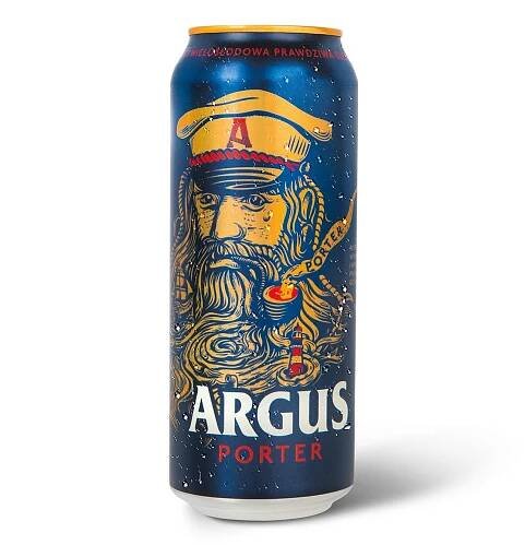 Puszka piwa Argus Porter z grafiką marynarza.