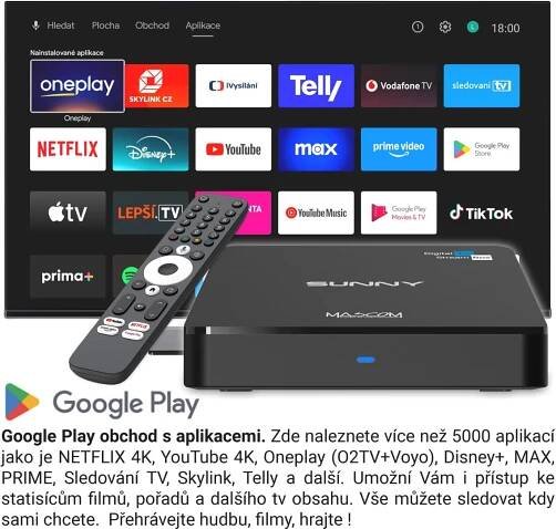 Mascom Sunny Android TV box, 4K HDR, WiFi, BT, Oneplay, Netflix | bscom.cz