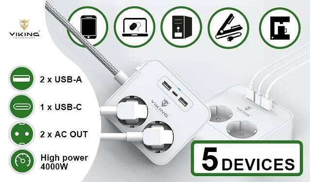 Síťový adaptér Viking AC23, rozbočovač, 5 výstupů - obrázek č. 4