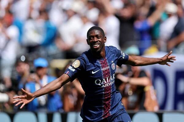 Ousmane Dembele of Paris Saint-Germain celebrating a goal.