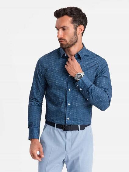 Pánská bavlněná košile s potiskem SLIM FIT modrá V4 OM-SHCS-0151 S