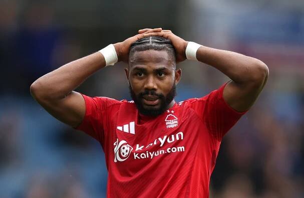 Emmanuel Dennis of Nottingham Forest reacts during a soccer match.