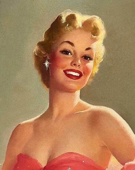 a painting of a woman in a red dress with her hands on her hips and smiling