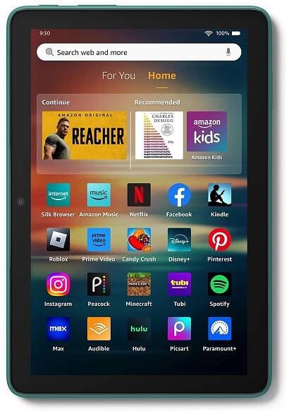 Fire tablet 8 displaying various icons on the screen, with an image of celebrity Alan Ritchson