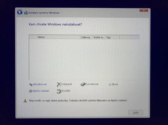 Instalace Windows 10 na pevný disk M.2 NVMe SSD: „Nepovedlo se najít žádné jednotky. Ovladač úložiště načtete kliknutím na Načíst ovladač.“
