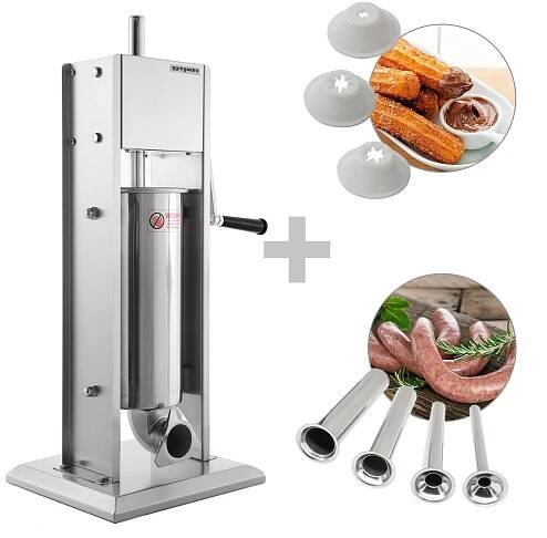 Ruční stroj na plnění klobás a churros - 5L - nerezová ocel - vč. 4 nástavců na plnění klobás a 3 nástavců na churros