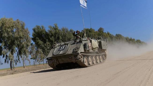  IDF armored forces at a staging area in southern Israel near the border with Gaza. January 01, 2024.