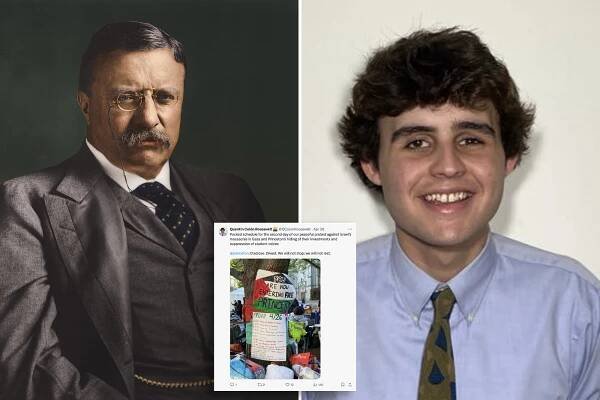 comp images of Theodore Roosevelt, X post by @QColonRoosevelt, and Quentin Colón Roosevelt