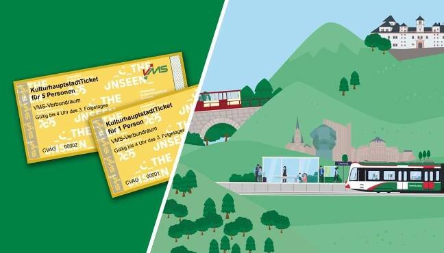Bild zeigt stilisiertes KulturhauptstadtTicket vor einer sächsischen Landschaft als Vektorgrafik