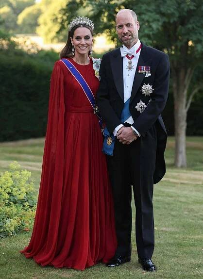 Catherine Princess of Wales and Prince William during a State Banquet at Windsor Castle for The President of the French Republic and Mrs. Macron