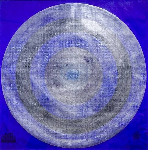   A Balancing Act of Celestial Proportions (Blue/Moon) , 2013, Acrylic ink, graphite, silver leaf, woodblock stamps, needle tool, blade & sandpaper on found target paper, 140 x 140 cm 