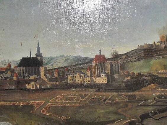 Veduta z obléhání Brna Švédy v roce 1645, kostely sv. Jakuba a sv. Tomáše.