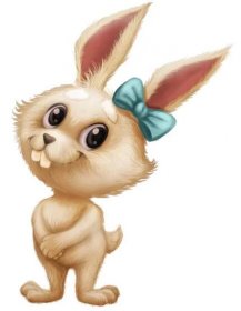 Roztomilý chlupatý králíček - kreslená postava maskot pózuje s velkýma očima a oslňující úsměv — Stock obrázek