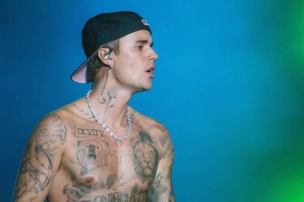 Justin Bieber performing at a music festival.