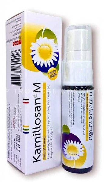 Kamillosan M Oral Throat Spray 15 ml with natural extracts and oils for sore throat relief.