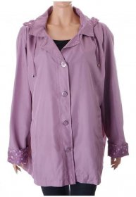 Kabát lehký šusťákový Anne de Lancay lila fialový kapuce a záložky na rukávech s bílým puntíkem vel XL-XXL