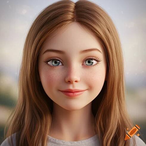Close-up photorealistic portrait of a young girl with long brown hair, blue eyes, and freckles, smiling.