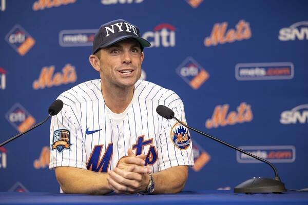 Retired Met David Wright speaks to the media before hosting the Battle of the Badges charity baseball game at Citi Field, Thursday, Aug. 17, 2023, in Queens, NY.