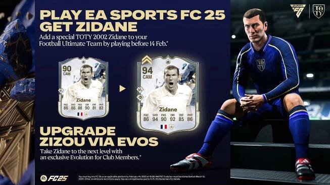 an infographic asset showing Zidane in a blue TOTY kit sat on steps looking at the camera with his cards upgrading from 90 to 94 on the left against a blue and gold TOTY branded background.