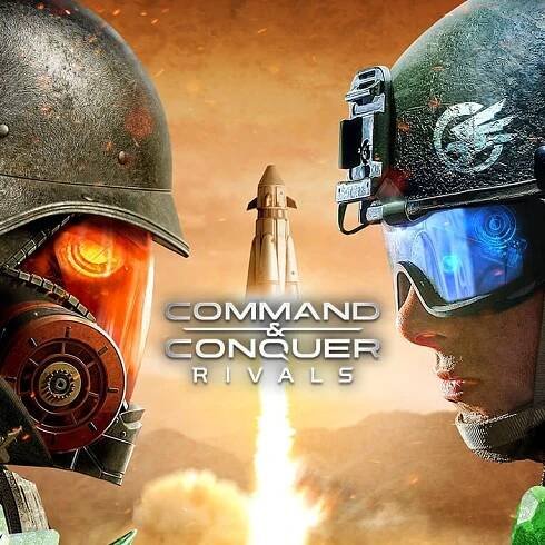 Two armored soldiers with glowing visors face off against a backdrop of a rocket launch, featuring the title "Command & Conquer: Rivals."