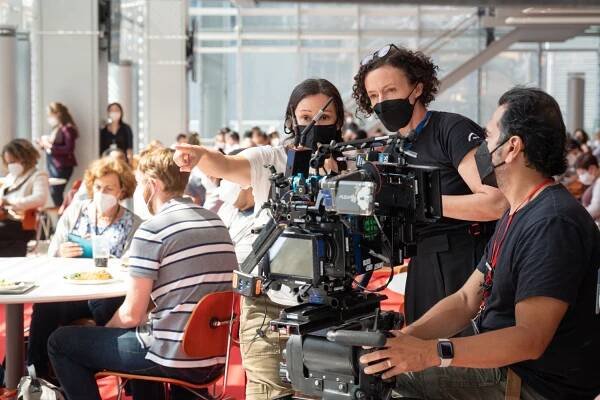 (from left) Cinematographer Natasha Braier and director Maria Schrader on the set of She Said.