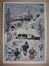 Josef Lada - zima děti koledníci, kolorovaná kresba
