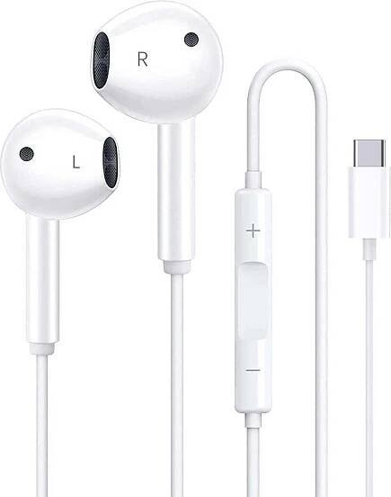 Kabelová sluchátka do uší s konektorem Lightning nebo Type-C, mikrofonem a ovládáním hlasitosti – pro iPhone, Samsung, iPad, notebook, MacBook a další (bílá) – USB-C / Univerzální